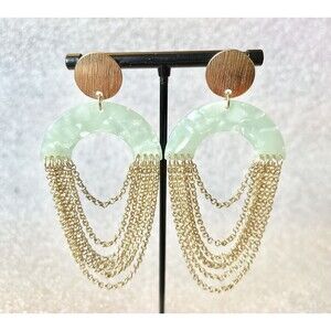 Swag Dangle Drop Earrings Green Lucite Gold Tone Chains Vintage 3 Inches